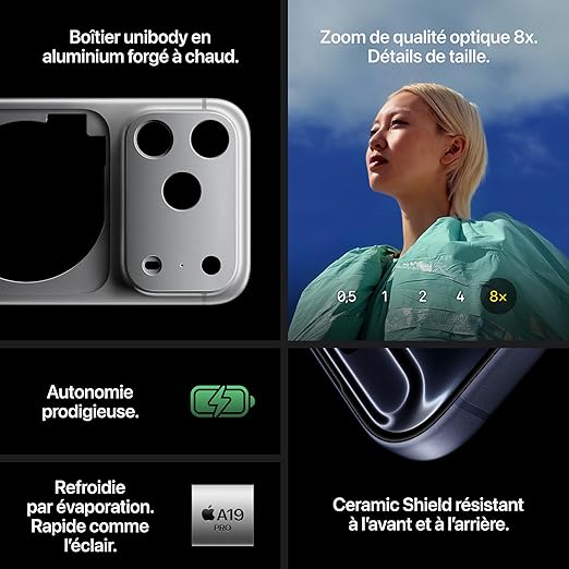 Apple iPhone 17 Pro 256 Go : Écran 6,3 pouces avec ProMotion jusqu’à 120 Hz, Puce A19 Pro, Autonomie prodigieuse.